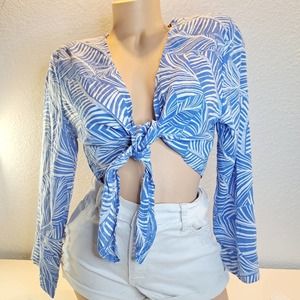 NEW Women's Tie-Front Long Sleeve Crop Blue Top Size M